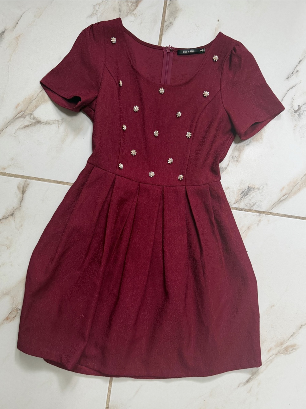 Doe & Rae Burgundy Sleeved Party Dress with Pearl Flower Accents